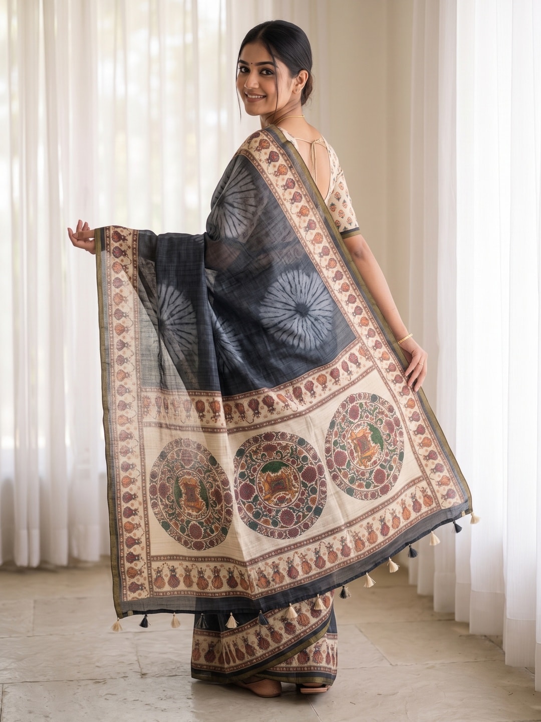 Peachmode Charcoal Grey Tie Dye Printed Linen Saree With Zari Border - Image 5
