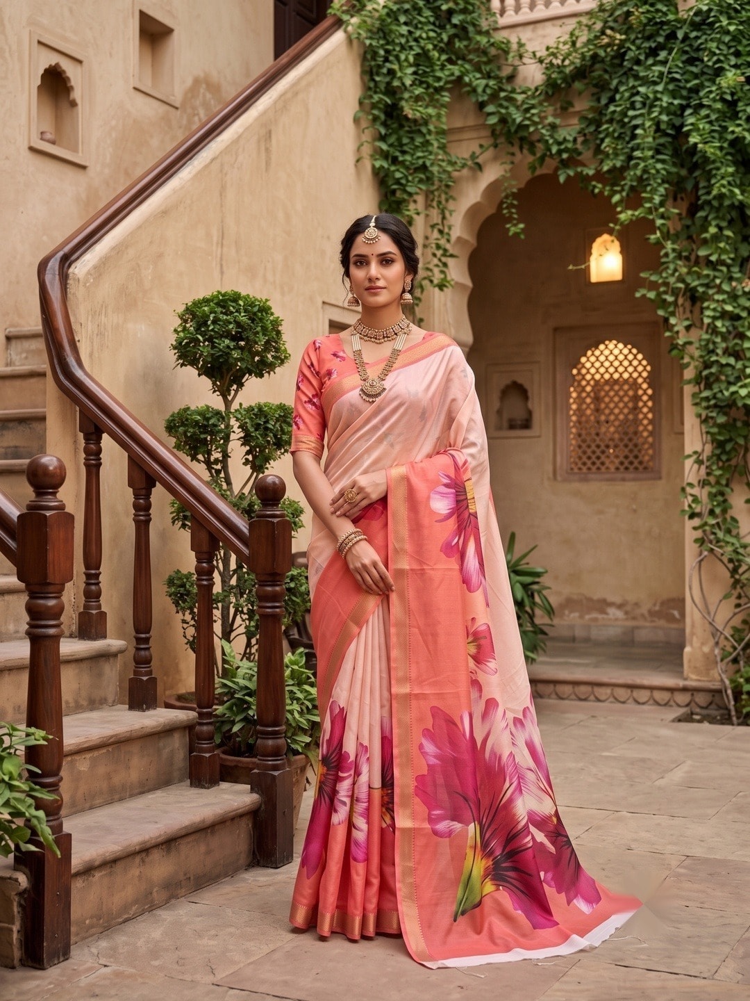 Peachmode Coral Moss Georgette Floral Printed Saree With Kasab Zari Jacquard Border - Image 1