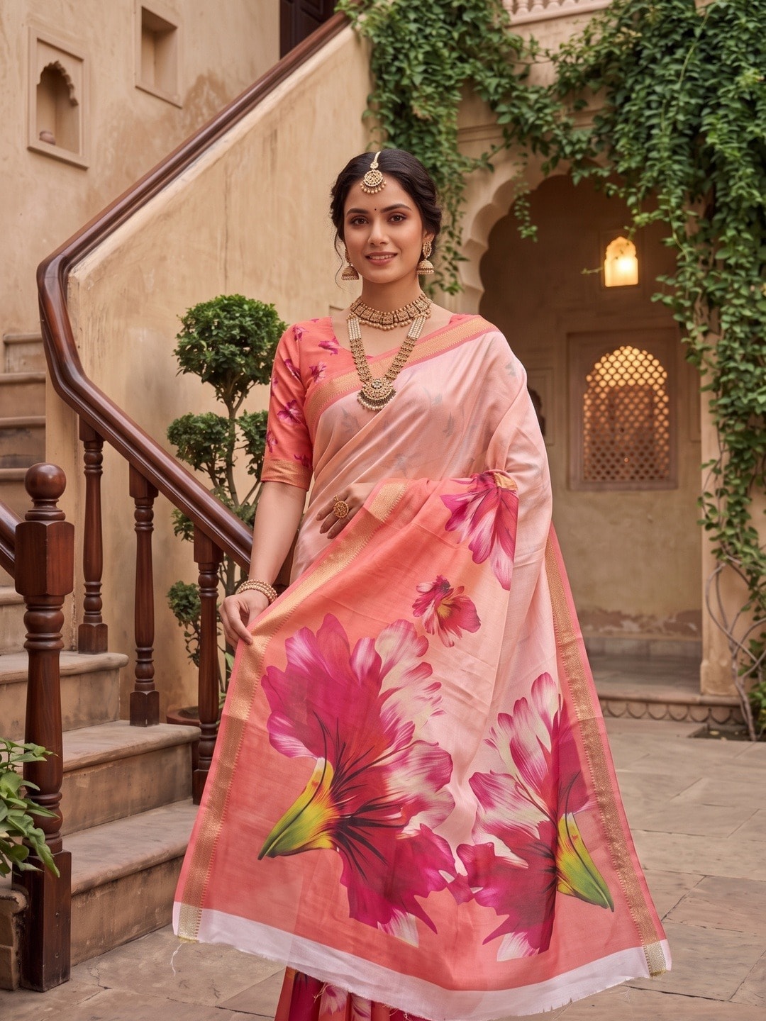 Peachmode Coral Moss Georgette Floral Printed Saree With Kasab Zari Jacquard Border - Image 3
