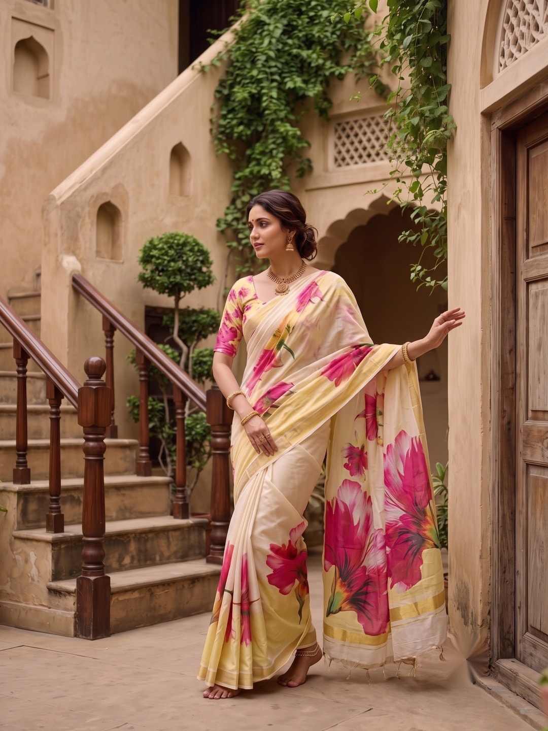 Peachmode Cream Moss Georgette Floral Printed Saree With Kasab Zari Jacquard Border - Image 2