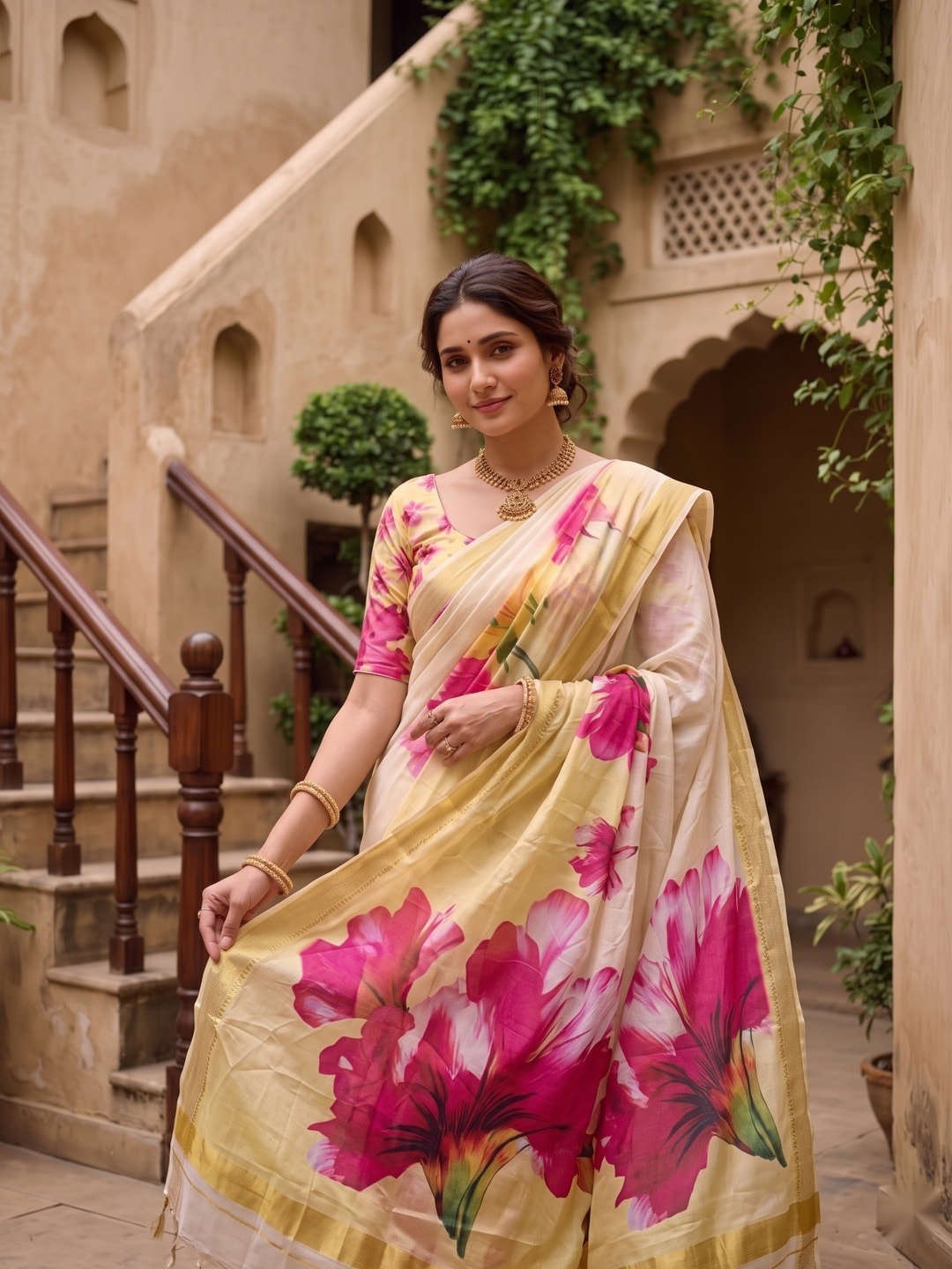 Peachmode Cream Moss Georgette Floral Printed Saree With Kasab Zari Jacquard Border - Image 3