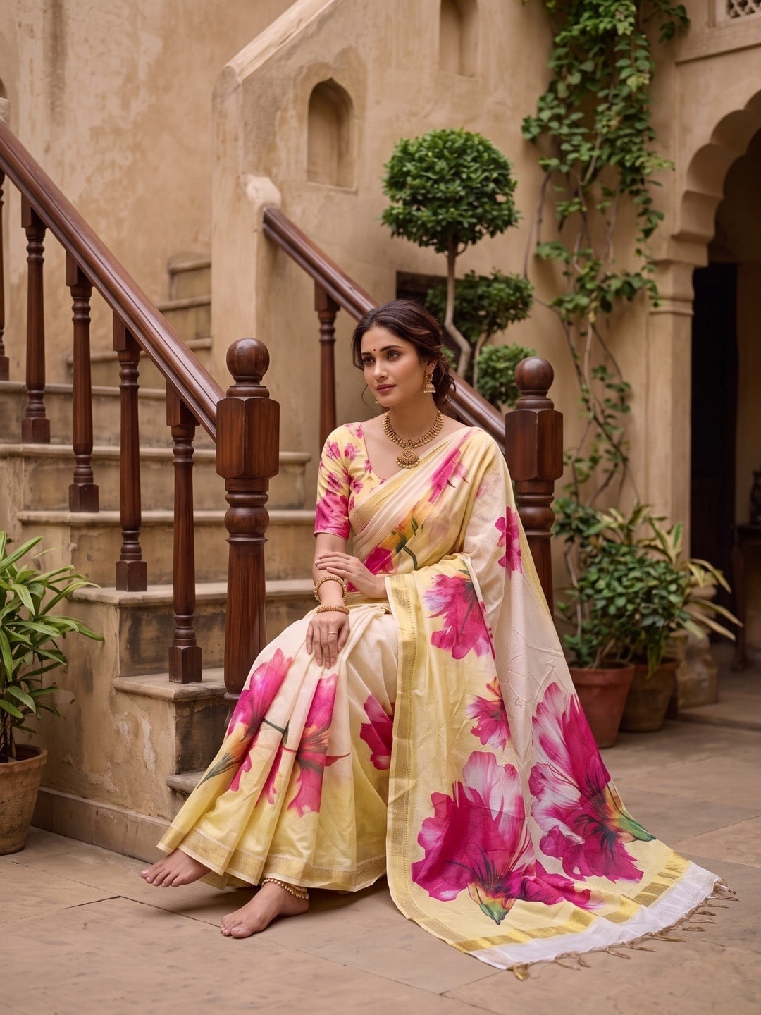 Peachmode Cream Moss Georgette Floral Printed Saree With Kasab Zari Jacquard Border - Image 5