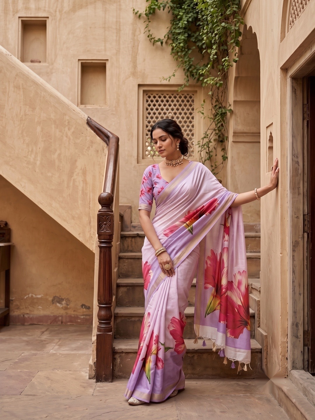 Peachmode Lavender Moss Georgette Floral Printed Saree With Kasab Zari Jacquard Border - Image 1