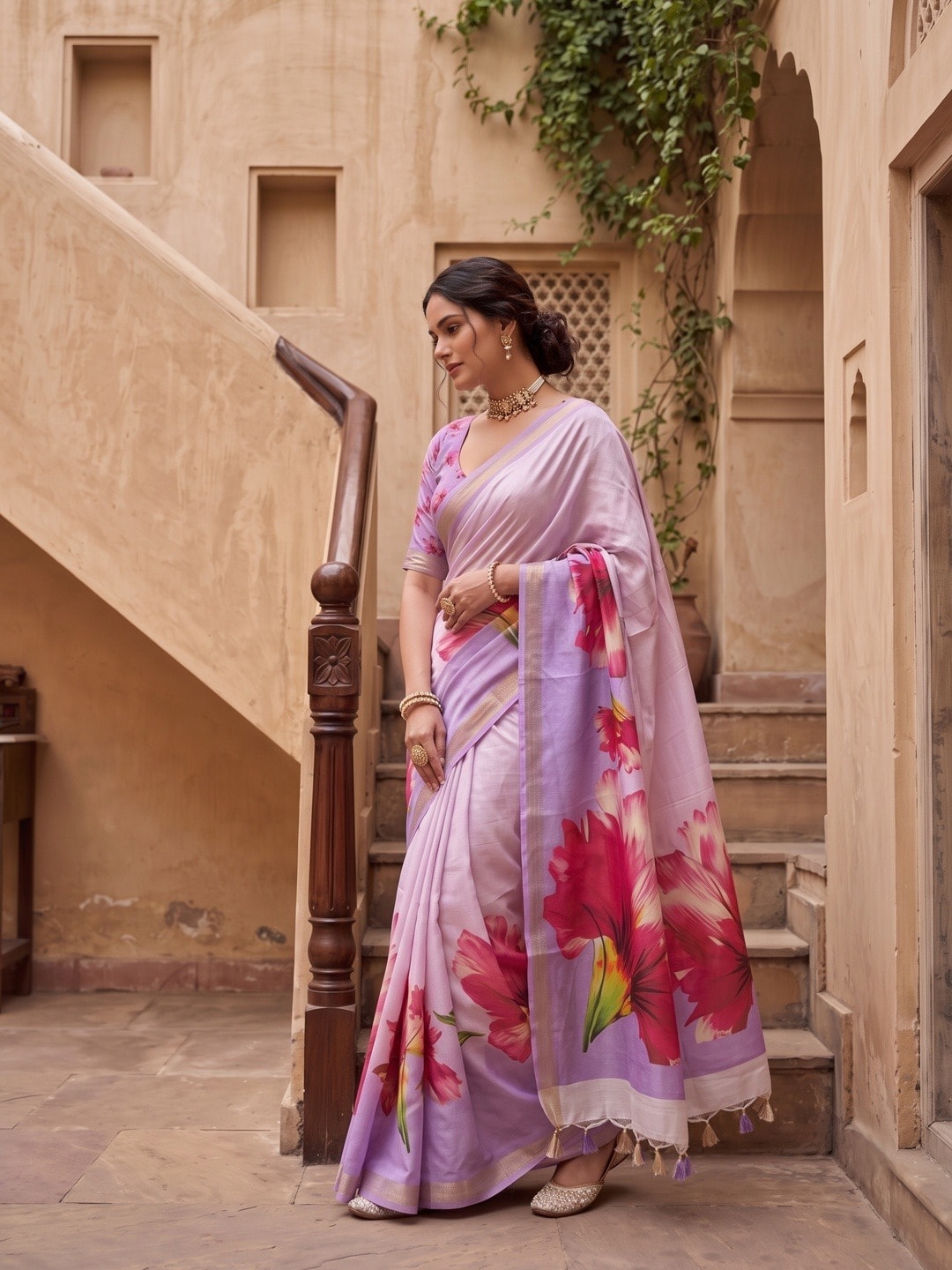 Peachmode Lavender Moss Georgette Floral Printed Saree With Kasab Zari Jacquard Border - Image 2