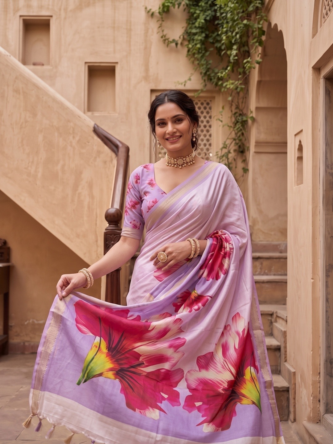 Peachmode Lavender Moss Georgette Floral Printed Saree With Kasab Zari Jacquard Border - Image 3