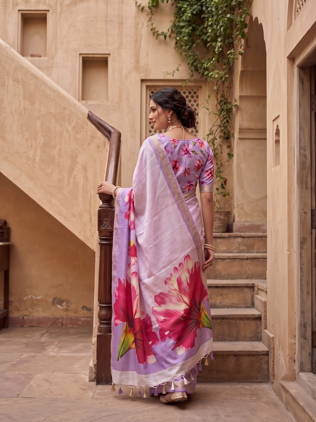 Peachmode Lavender Moss Georgette Floral Printed Saree With Kasab Zari Jacquard Border - Image 4