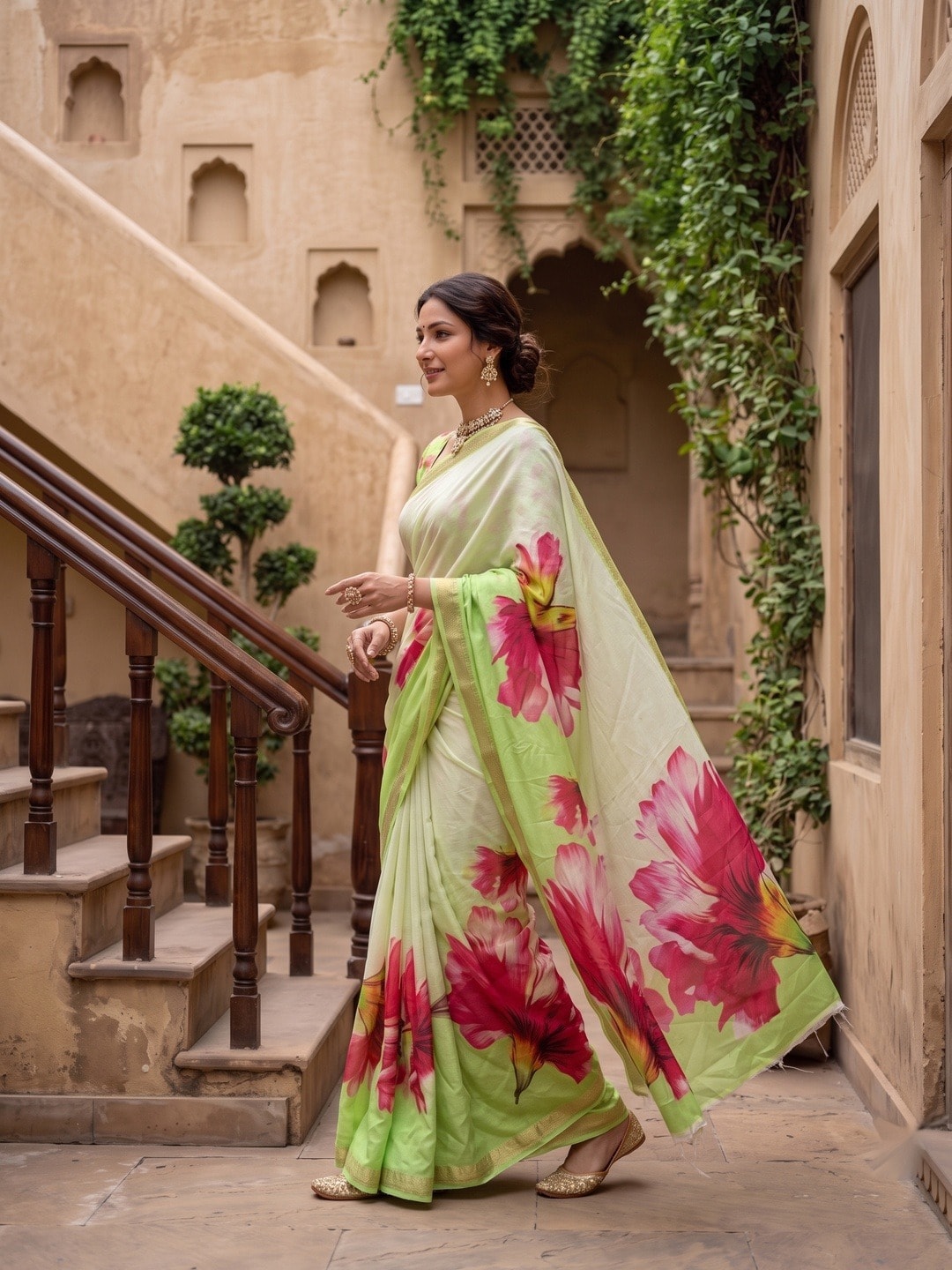 Peachmode Lime Green Moss Georgette Floral Printed Saree With Kasab Zari Jacquard Border - Image 2