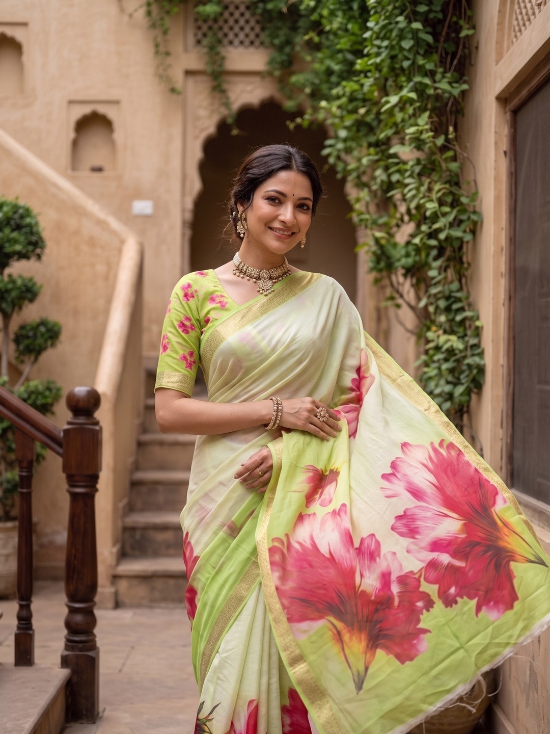 Peachmode Lime Green Moss Georgette Floral Printed Saree With Kasab Zari Jacquard Border - Image 3
