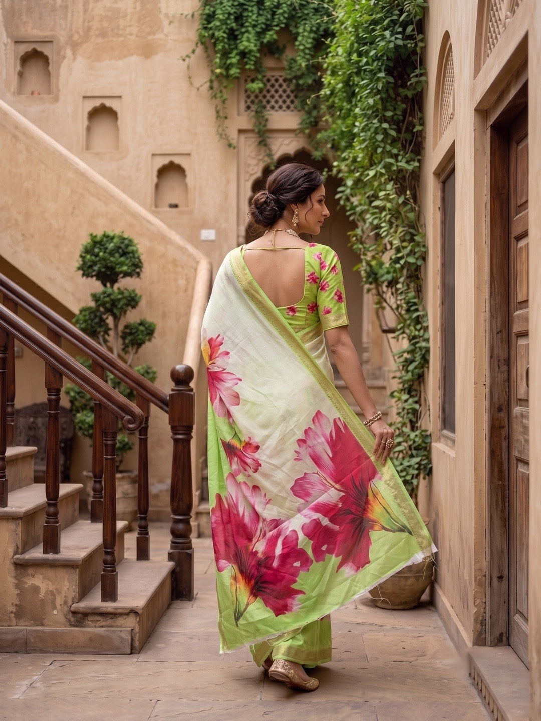 Peachmode Lime Green Moss Georgette Floral Printed Saree With Kasab Zari Jacquard Border - Image 4
