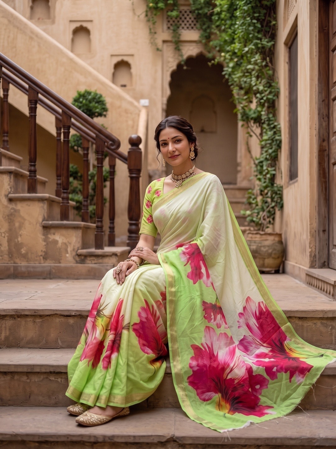 Peachmode Lime Green Moss Georgette Floral Printed Saree With Kasab Zari Jacquard Border - Image 5