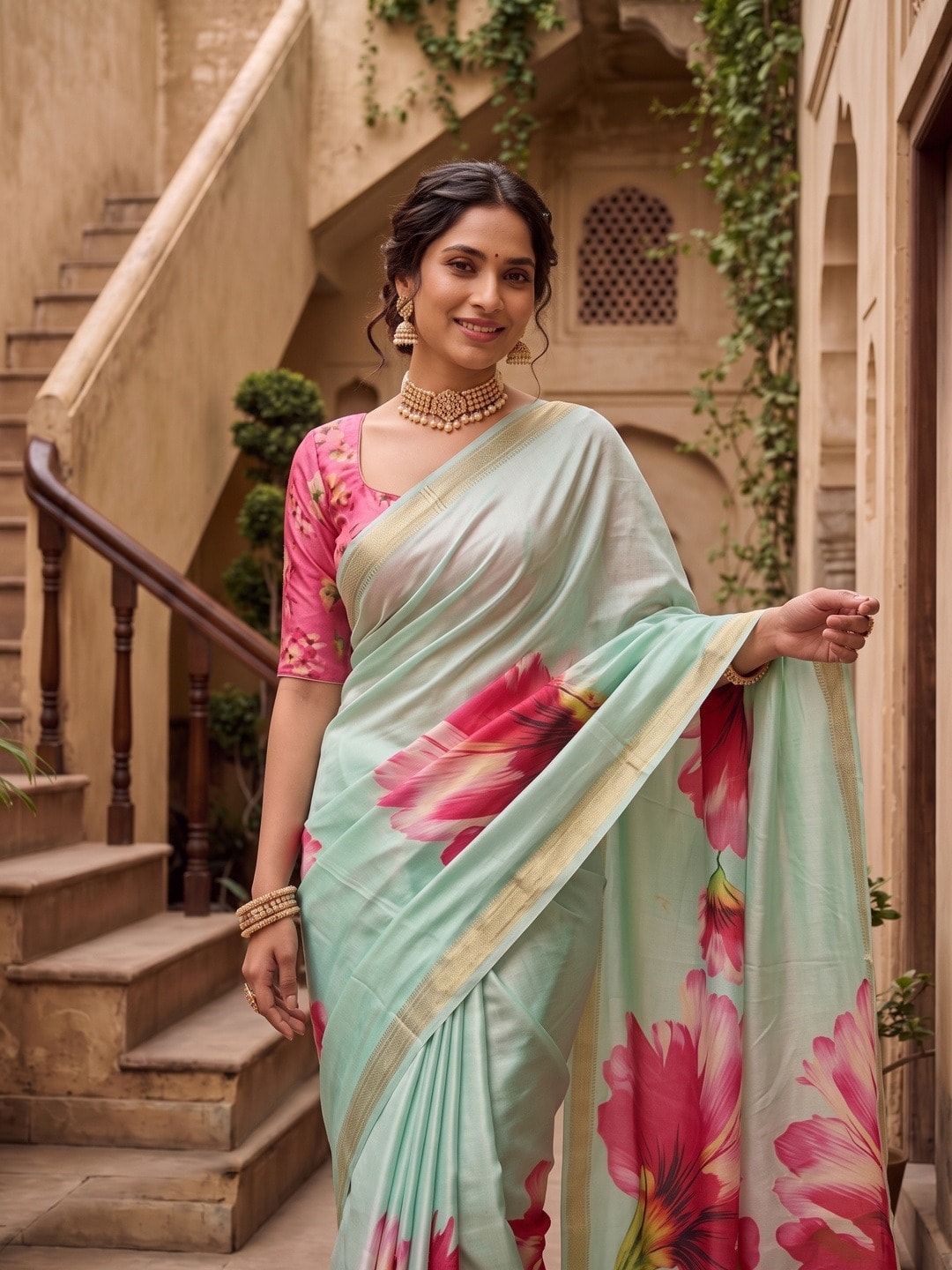 Peachmode Mint Green Moss Georgette Floral Printed Saree With Kasab Zari Jacquard Border - Image 3