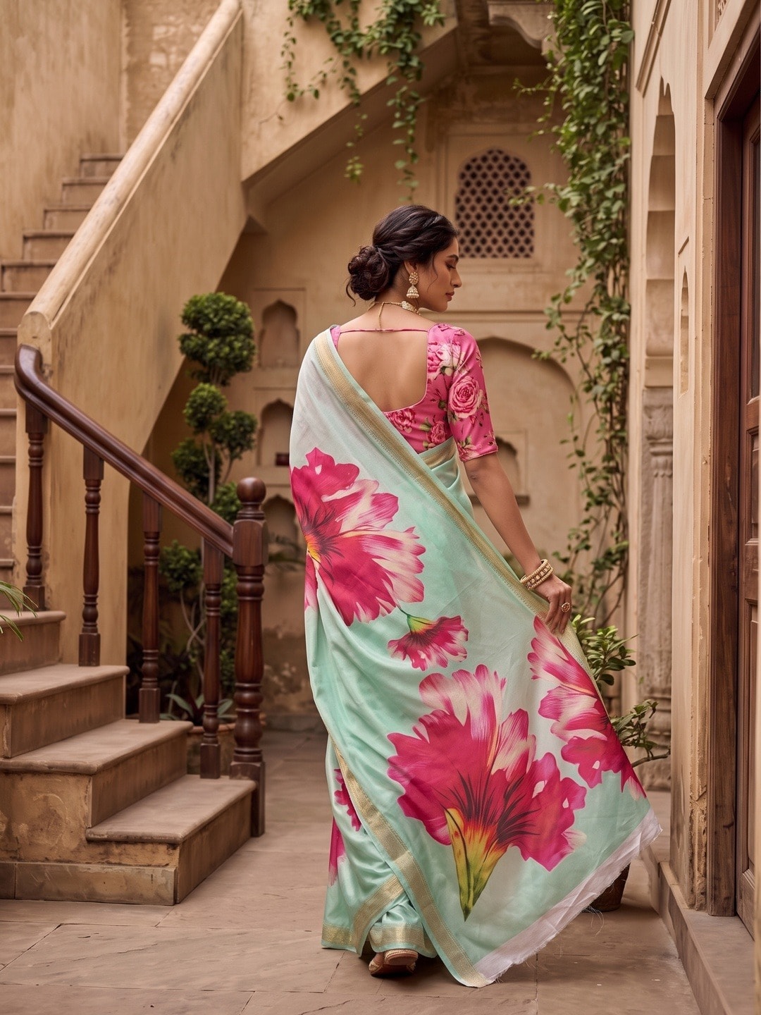 Peachmode Mint Green Moss Georgette Floral Printed Saree With Kasab Zari Jacquard Border - Image 4