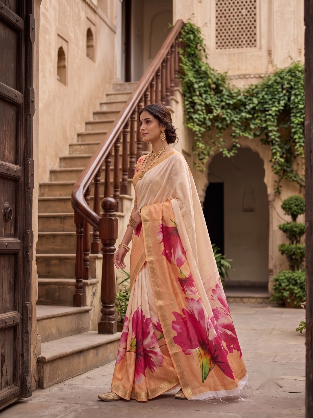 Peachmode Peach Moss Georgette Floral Printed Saree With Kasab Zari Jacquard Border - Image 2