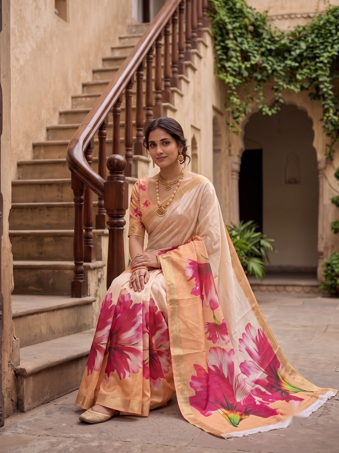 Peachmode Peach Moss Georgette Floral Printed Saree With Kasab Zari Jacquard Border - Image 5