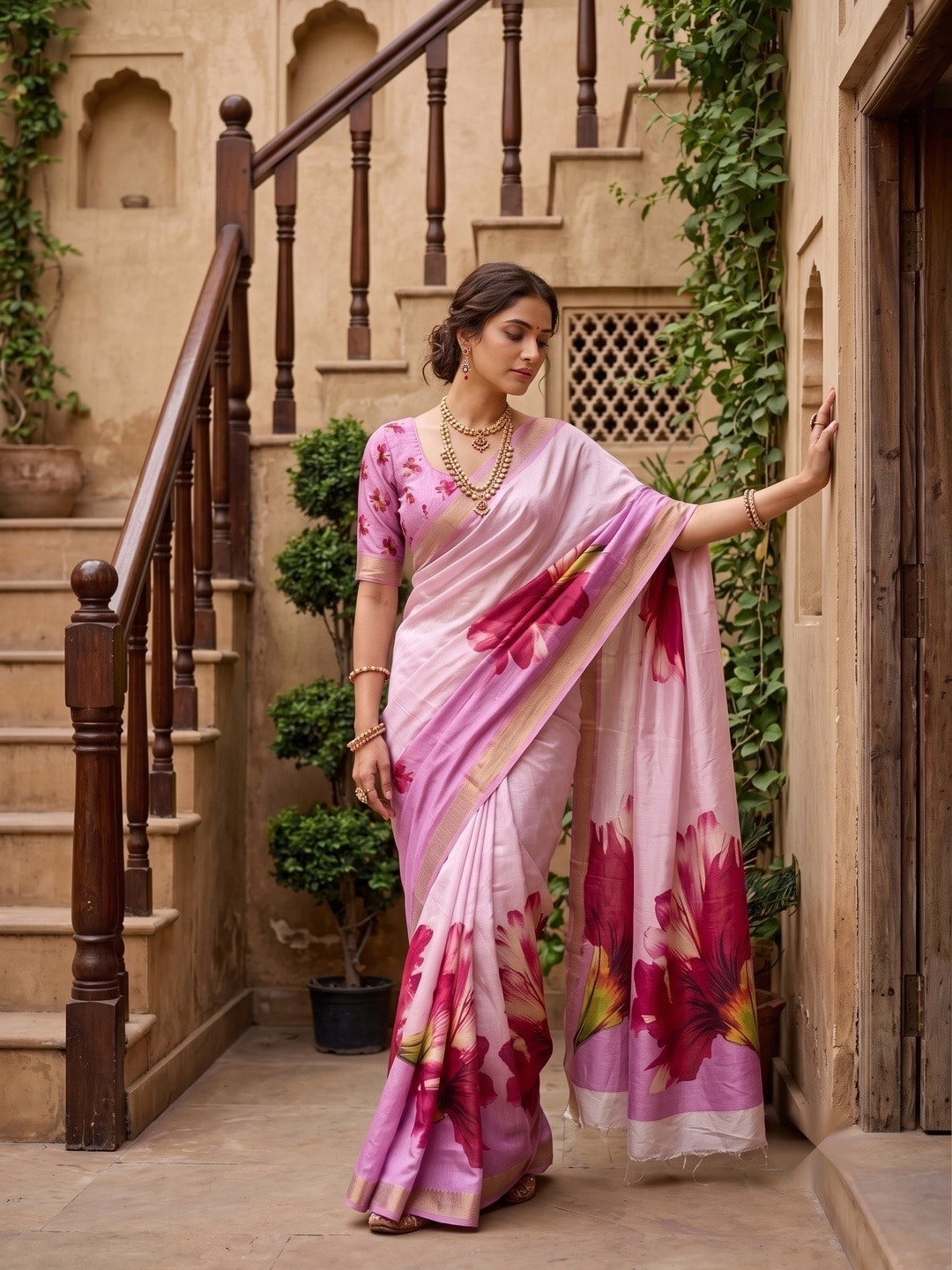 Peachmode Pink Moss Georgette Floral Printed Saree With Kasab Zari Jacquard Border - Image 1