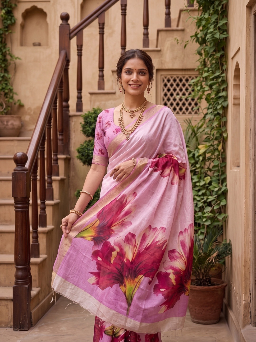 Peachmode Pink Moss Georgette Floral Printed Saree With Kasab Zari Jacquard Border - Image 3