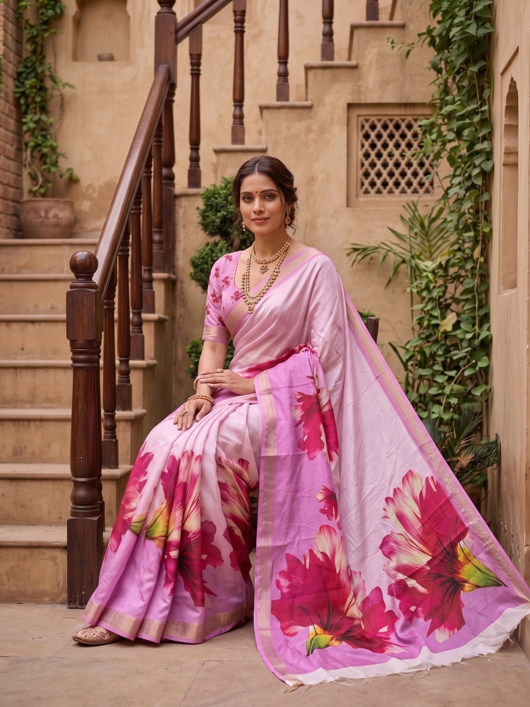 Peachmode Pink Moss Georgette Floral Printed Saree With Kasab Zari Jacquard Border - Image 5