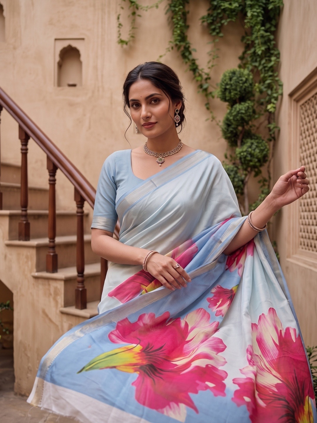 Peachmode Sky Blue Moss Georgette Floral Printed Saree With Kasab Zari Jacquard Border - Image 3