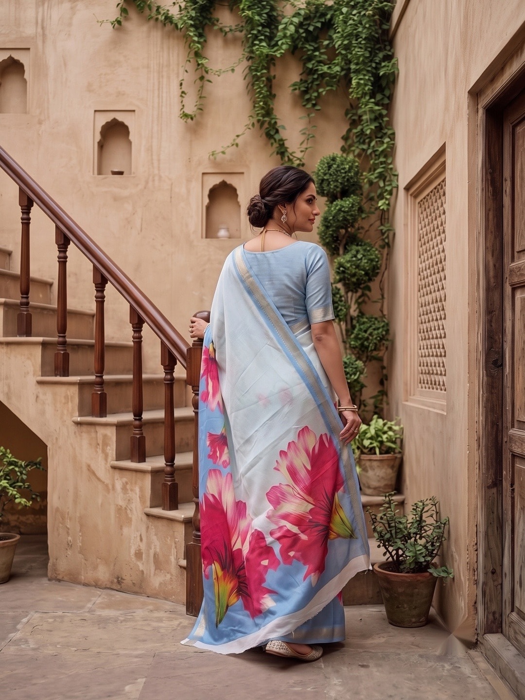 Peachmode Sky Blue Moss Georgette Floral Printed Saree With Kasab Zari Jacquard Border - Image 4