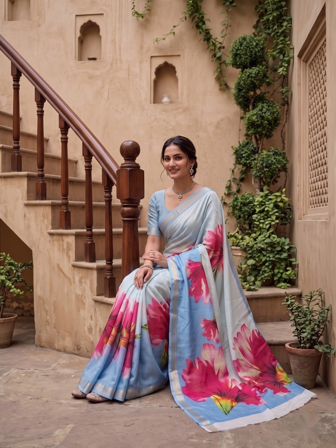 Peachmode Sky Blue Moss Georgette Floral Printed Saree With Kasab Zari Jacquard Border - Image 5