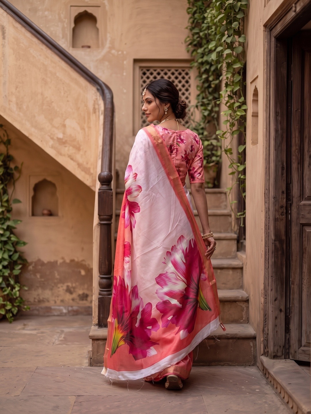 Peachmode White Moss Georgette Floral Printed Saree With Kasab Zari Jacquard Border - Image 4