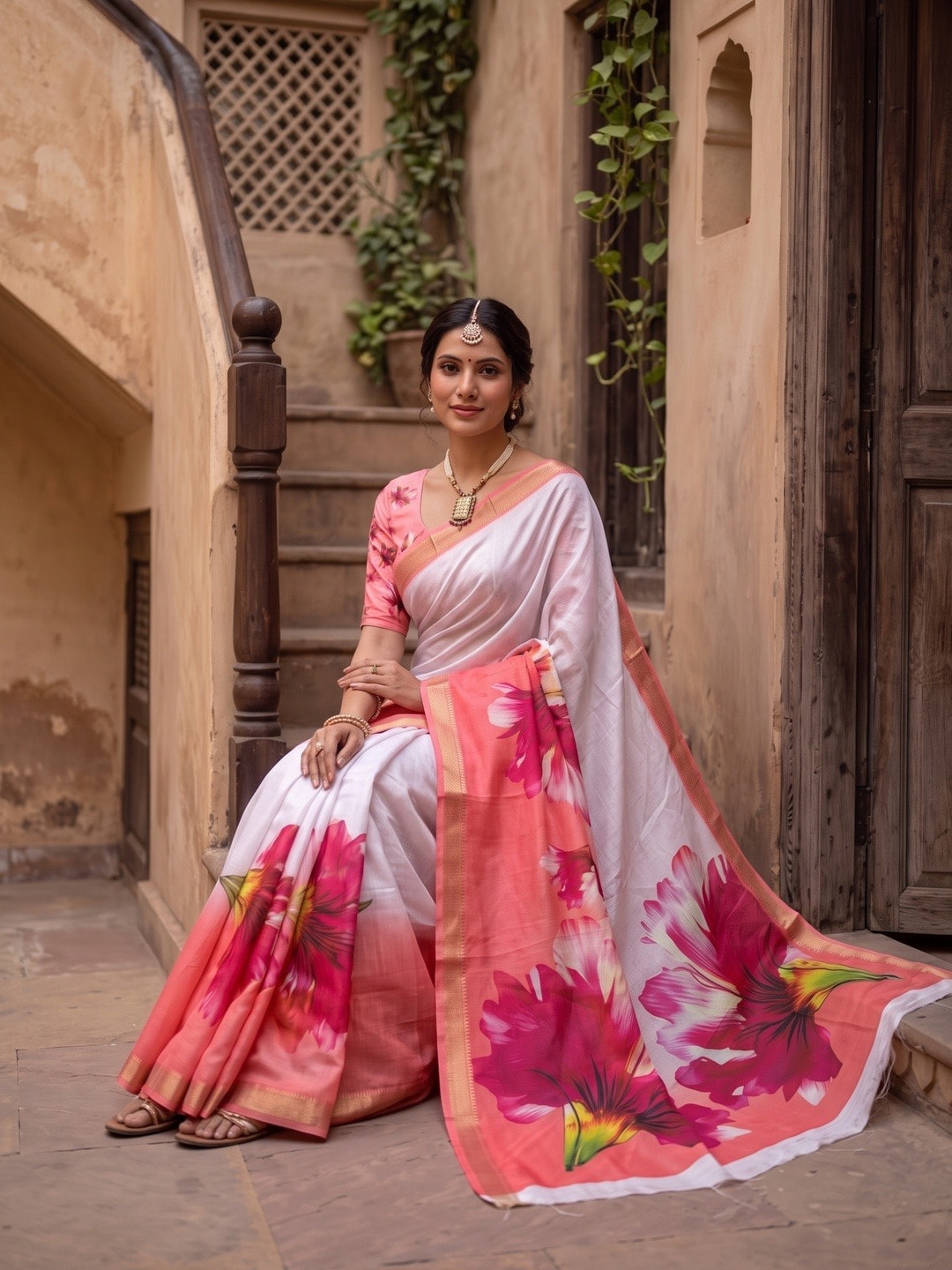 Peachmode White Moss Georgette Floral Printed Saree With Kasab Zari Jacquard Border - Image 5