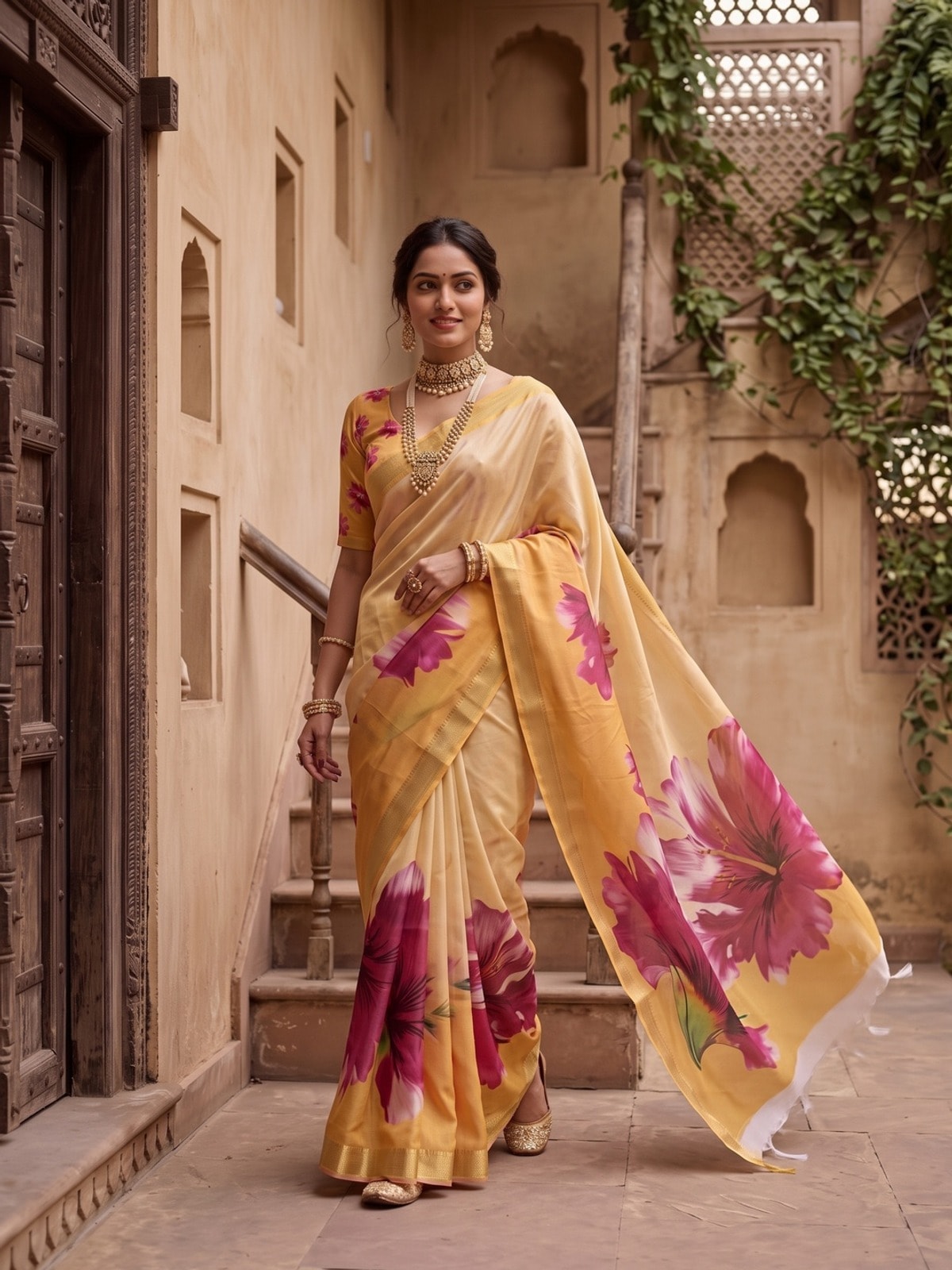 Peachmode Yellow Moss Georgette Floral Printed Saree With Kasab Zari Jacquard Border - Image 2