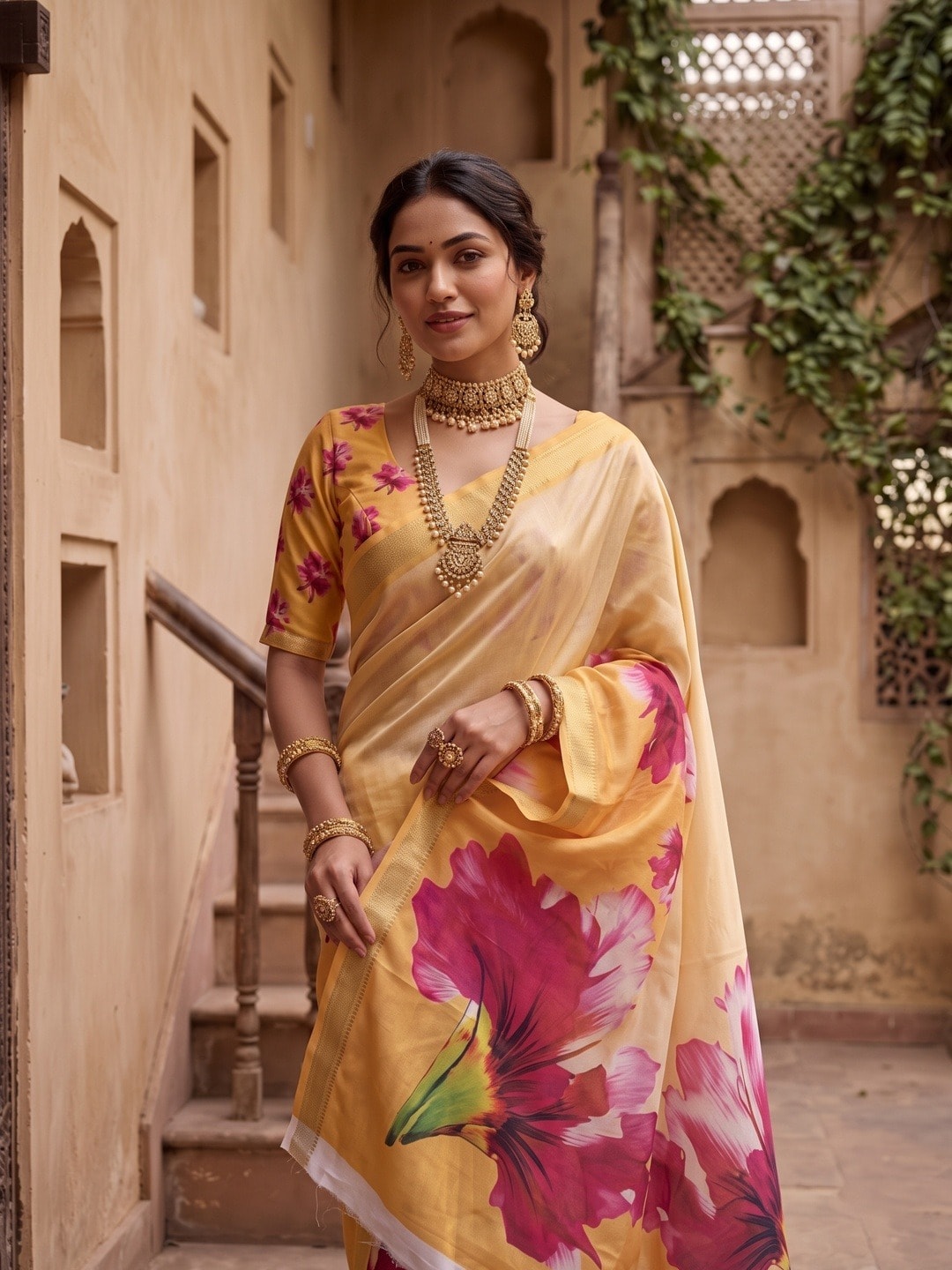 Peachmode Yellow Moss Georgette Floral Printed Saree With Kasab Zari Jacquard Border - Image 3