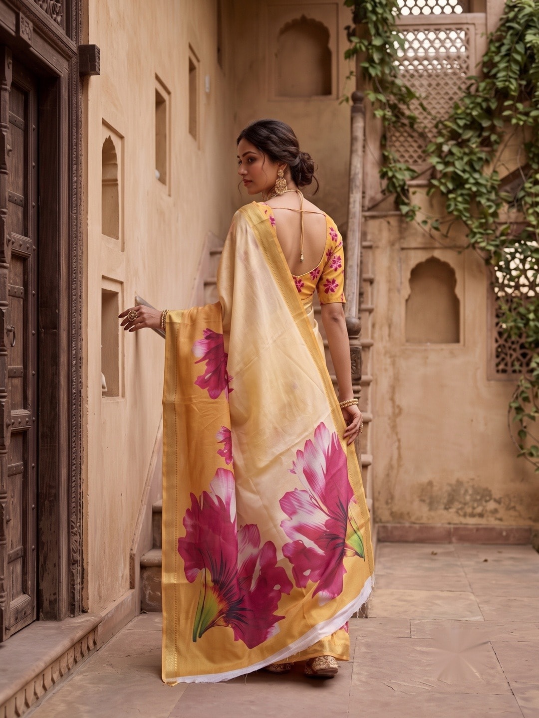 Peachmode Yellow Moss Georgette Floral Printed Saree With Kasab Zari Jacquard Border - Image 4