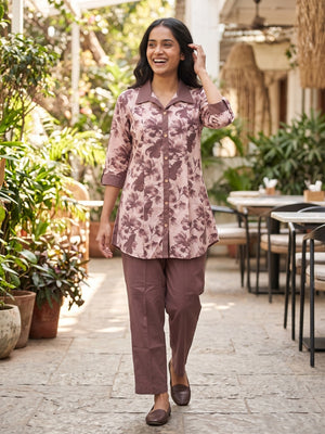 Peachmode Brown Pure Cotton Floral Printed Co-ord Set - Image 2