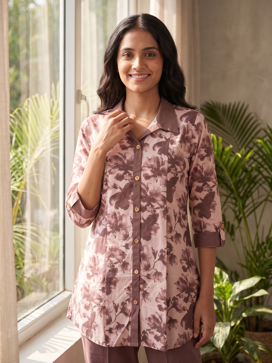 Peachmode Brown Pure Cotton Floral Printed Co-ord Set - Image 5