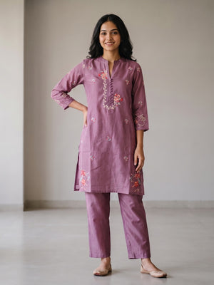 Peachmode Onion Chanderi Silk Floral Embroidered Co-ord Set - Image 1