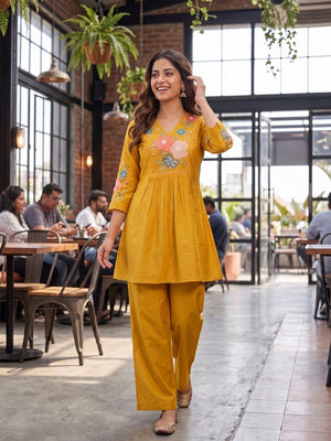 Peachmode Mustard Chanderi Silk Embroidered Co-ord Set - Image 2