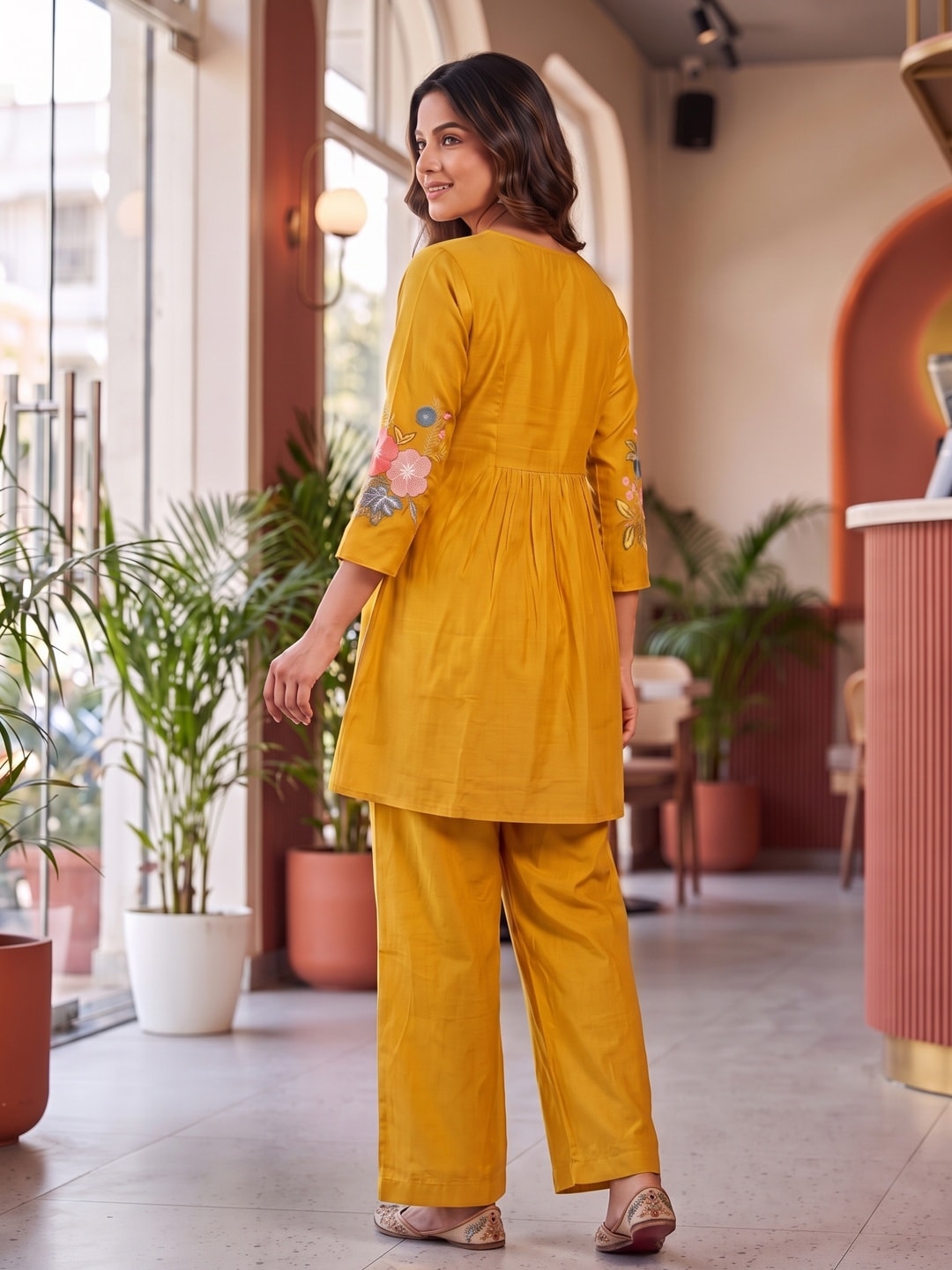 Peachmode Mustard Chanderi Silk Embroidered Co-ord Set - Image 4