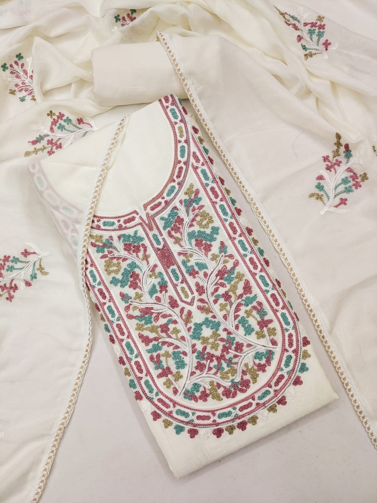 Peachmode White Vichitra Silk Unstitched Dress Material With Rose Floral Yoke Embroidery And Gota Lace Dupatta - Image 1