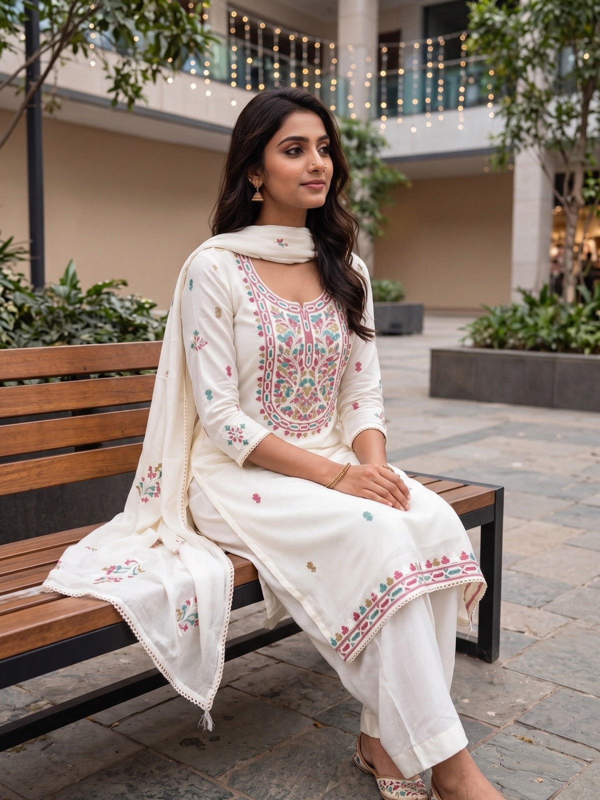 Peachmode White Vichitra Silk Unstitched Dress Material With Rose Floral Yoke Embroidery And Gota Lace Dupatta - Image 2