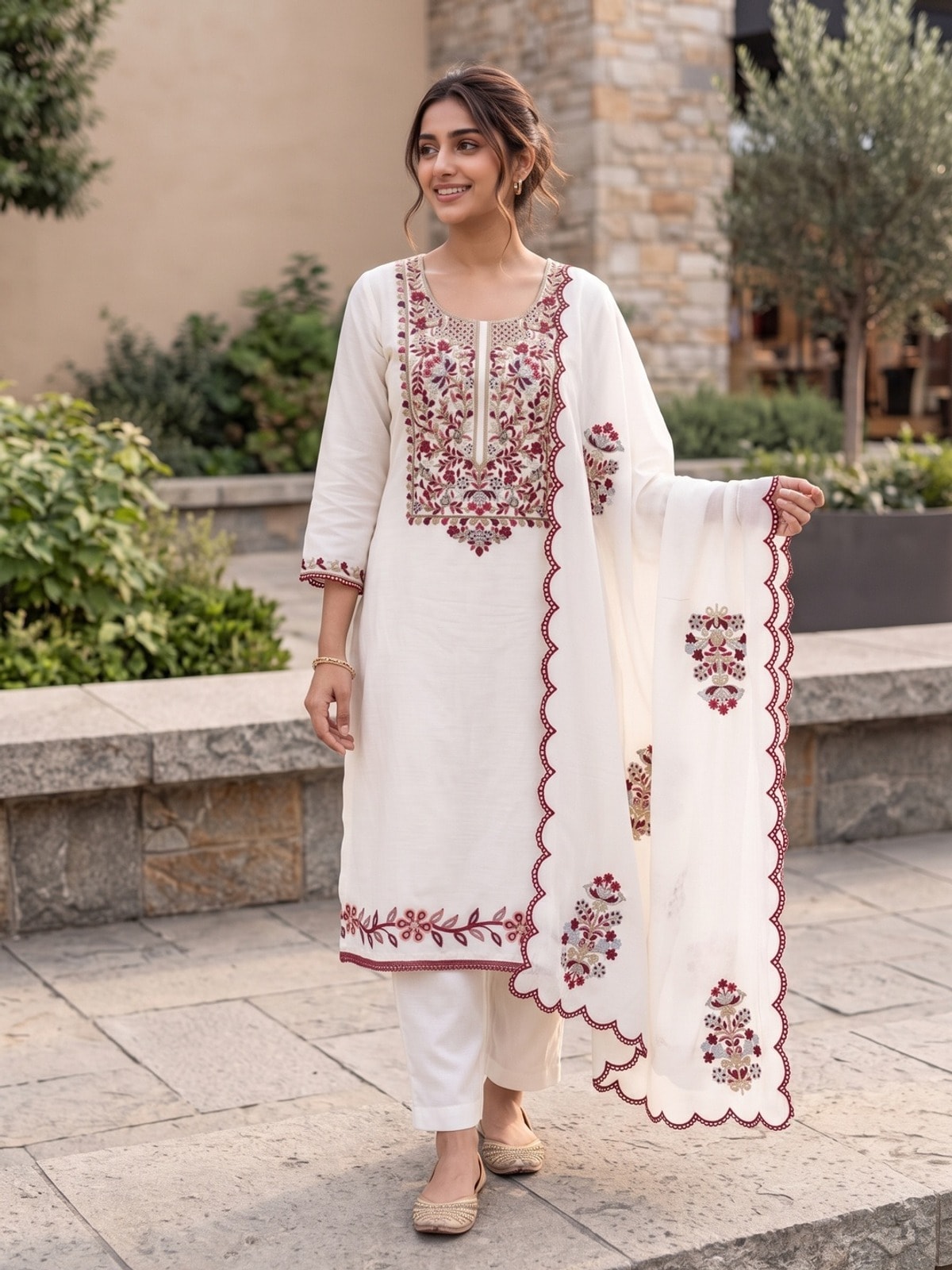 Peachmode White Vichitra Silk Unstitched Dress Material With Maroon Floral Panel Embroidery And Scalloped Cutwork Dupatta - Image 3
