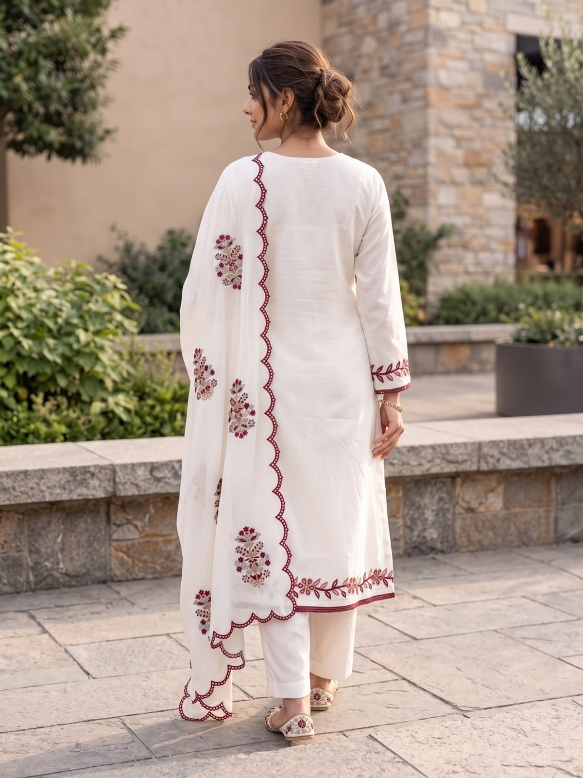 Peachmode White Vichitra Silk Unstitched Dress Material With Maroon Floral Panel Embroidery And Scalloped Cutwork Dupatta - Image 5