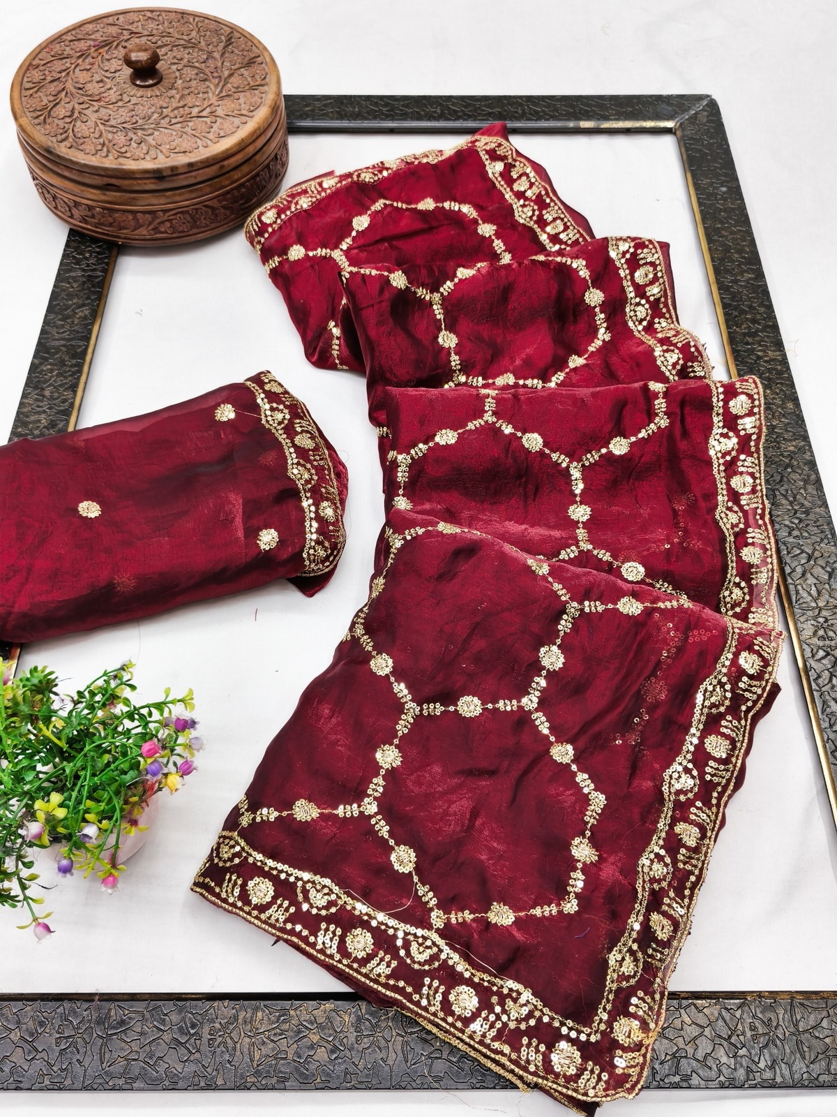 Peachmode Maroon Fendy Satin Sequins Embellished Saree - Image 2