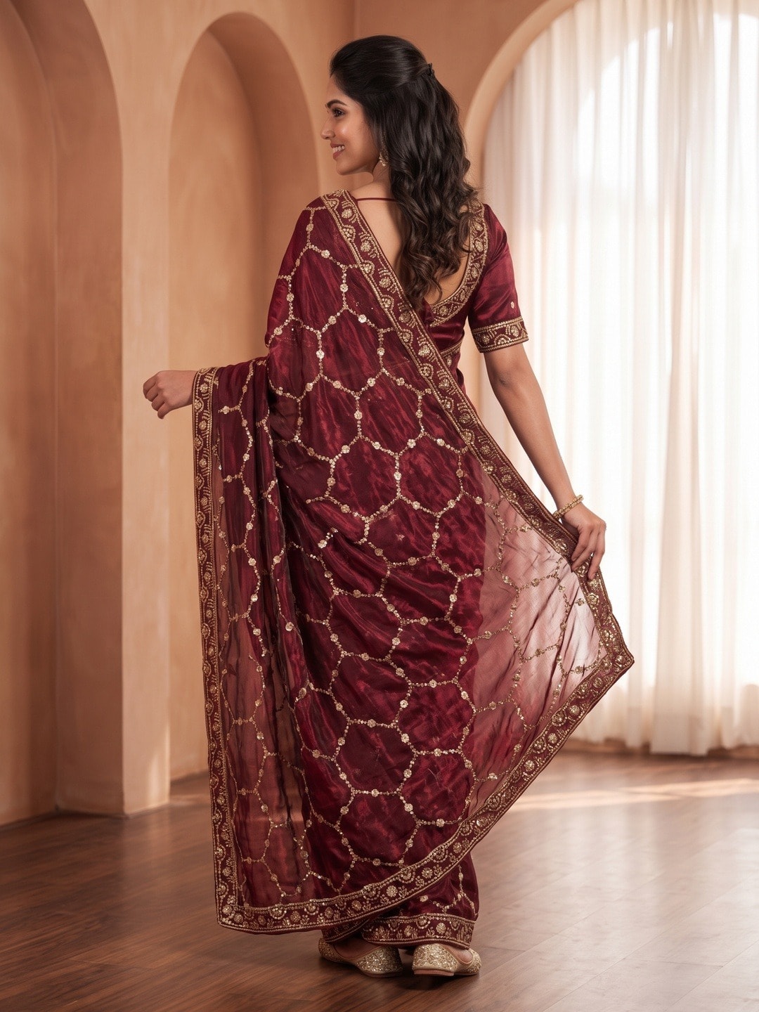 Peachmode Maroon Fendy Satin Sequins Embellished Saree - Image 3