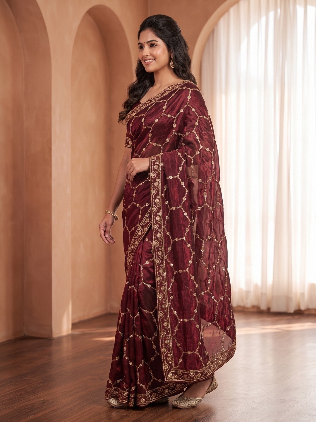 Peachmode Maroon Fendy Satin Sequins Embellished Saree - Image 4