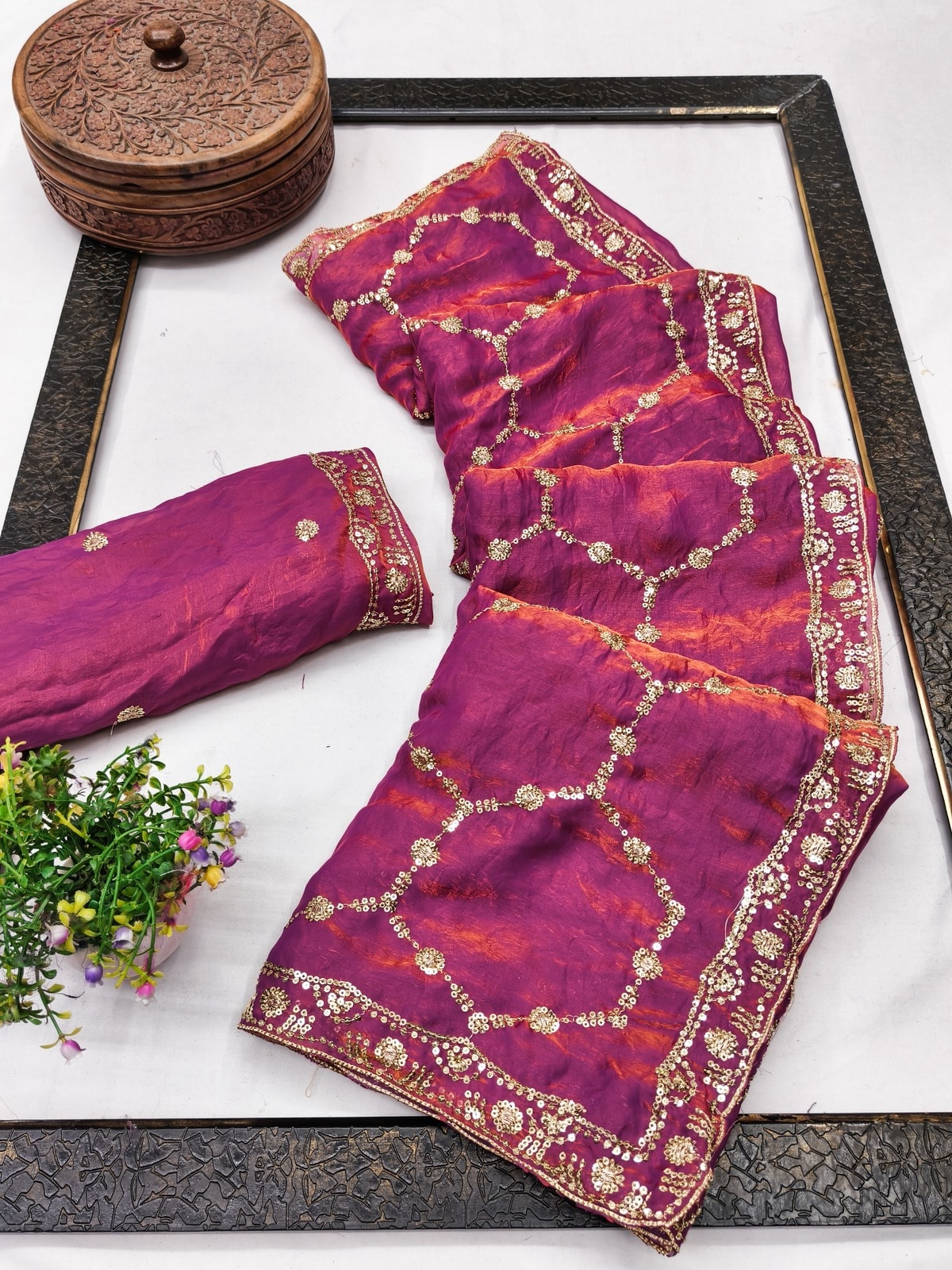 Peachmode Magenta Fendy Satin Sequins Embellished Saree - Image 2