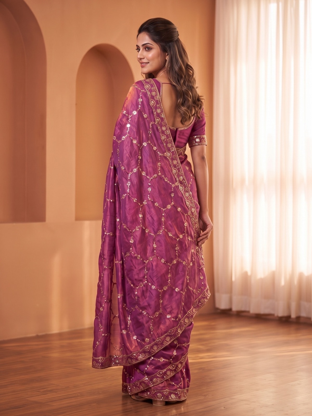 Peachmode Magenta Fendy Satin Sequins Embellished Saree - Image 3