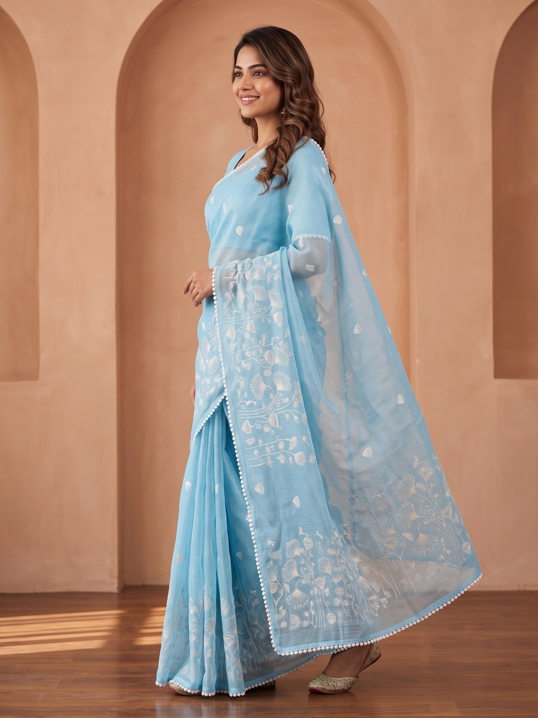 Peachmode Sky Blue Kota Doria Check Saree With Thread Embroidery And Pom Pom Lace Border - Image 4