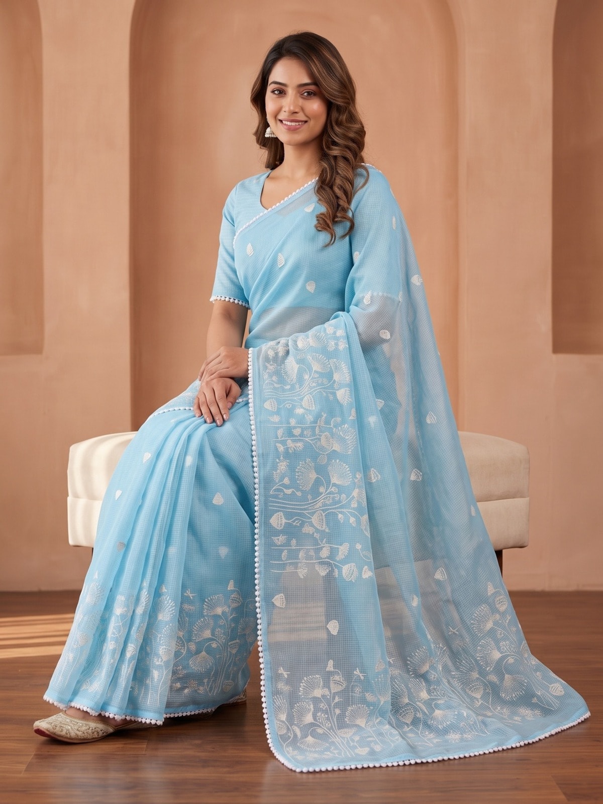 Peachmode Sky Blue Kota Doria Check Saree With Thread Embroidery And Pom Pom Lace Border - Image 5