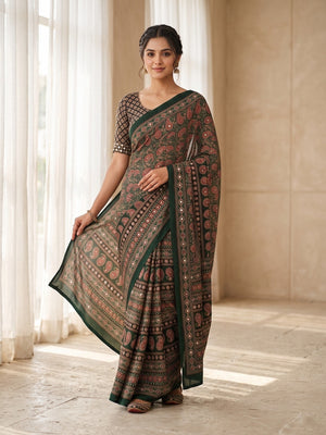 Peachmode Bottle Green Ajrakh Digital Printed Crepe Saree With Mirror Work - Image 1
