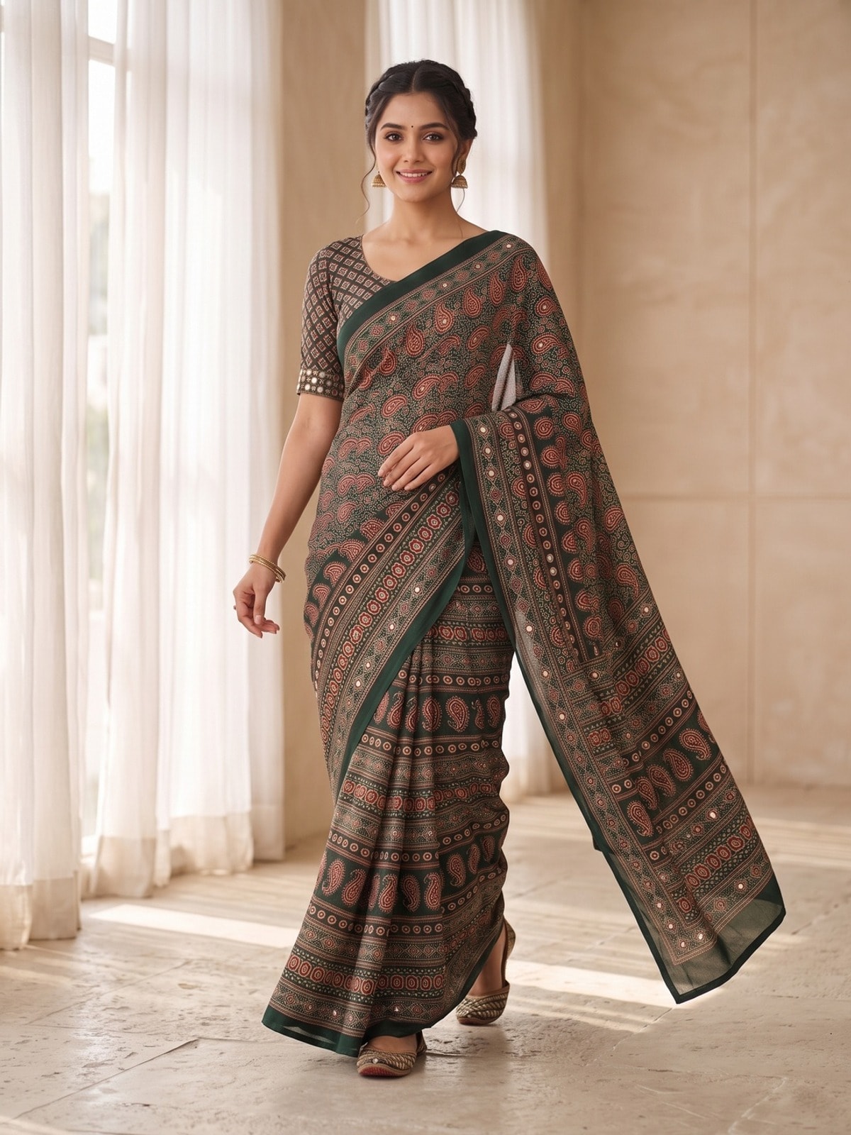 Peachmode Bottle Green Ajrakh Digital Printed Crepe Saree With Mirror Work - Image 2