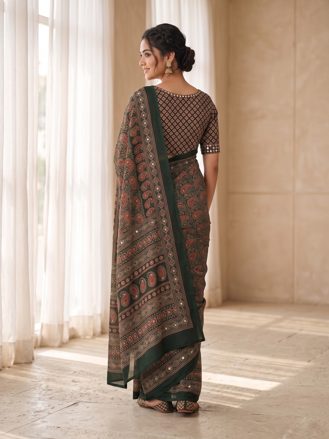 Peachmode Bottle Green Ajrakh Digital Printed Crepe Saree With Mirror Work - Image 4