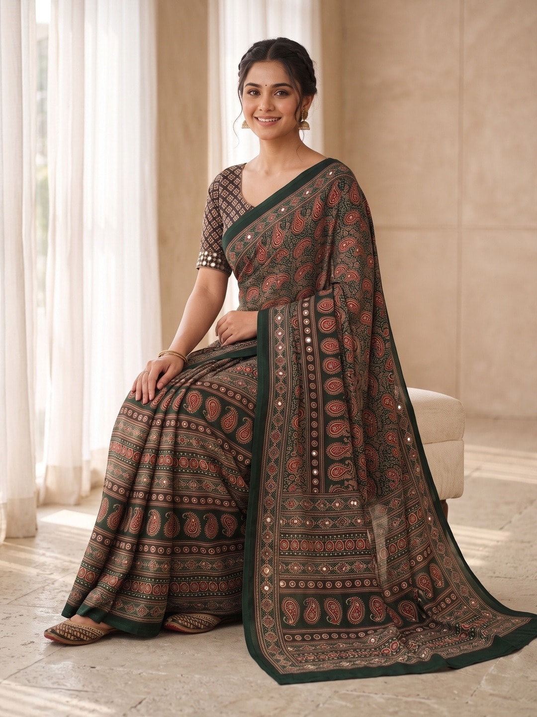 Peachmode Bottle Green Ajrakh Digital Printed Crepe Saree With Mirror Work - Image 5