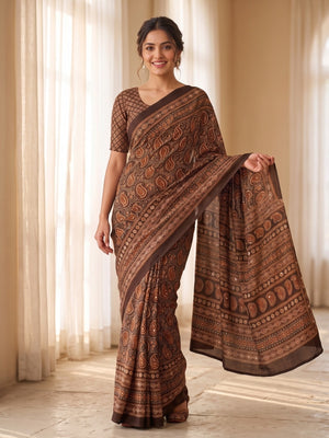 Peachmode Coffee Ajrakh Digital Printed Crepe Saree With Mirror Work - Image 1